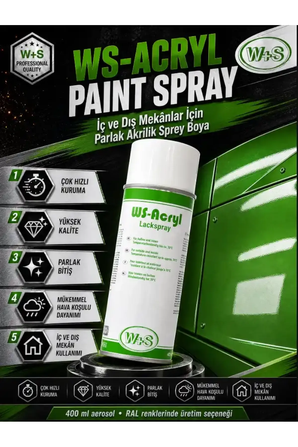 WS-Acryl Sprey Boya 400ml – Parlak Siyah Jet Black RAL 9005