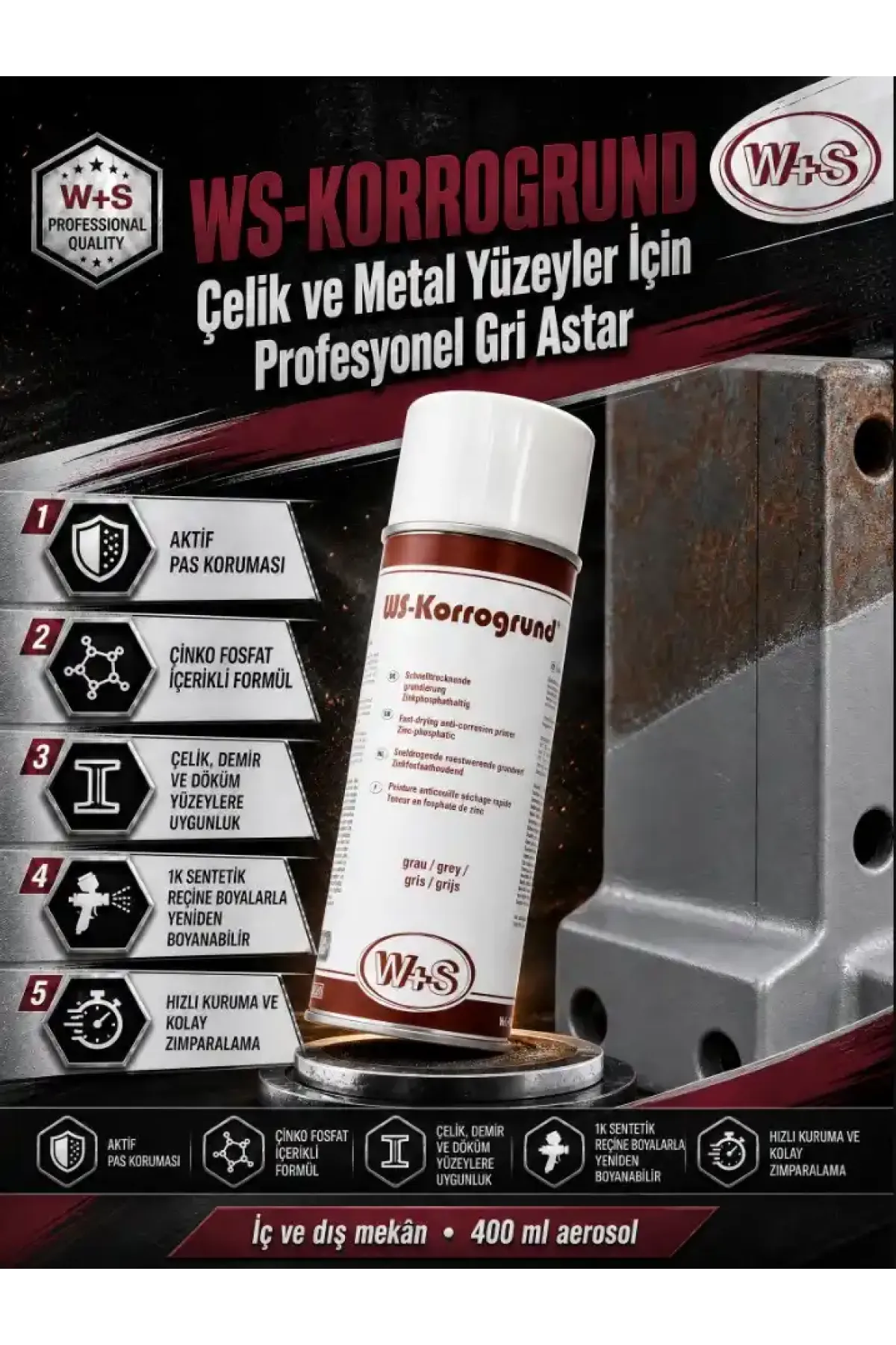WS-Korrogrund® Antikorozif Astar Spreyi – Gri (400ml)