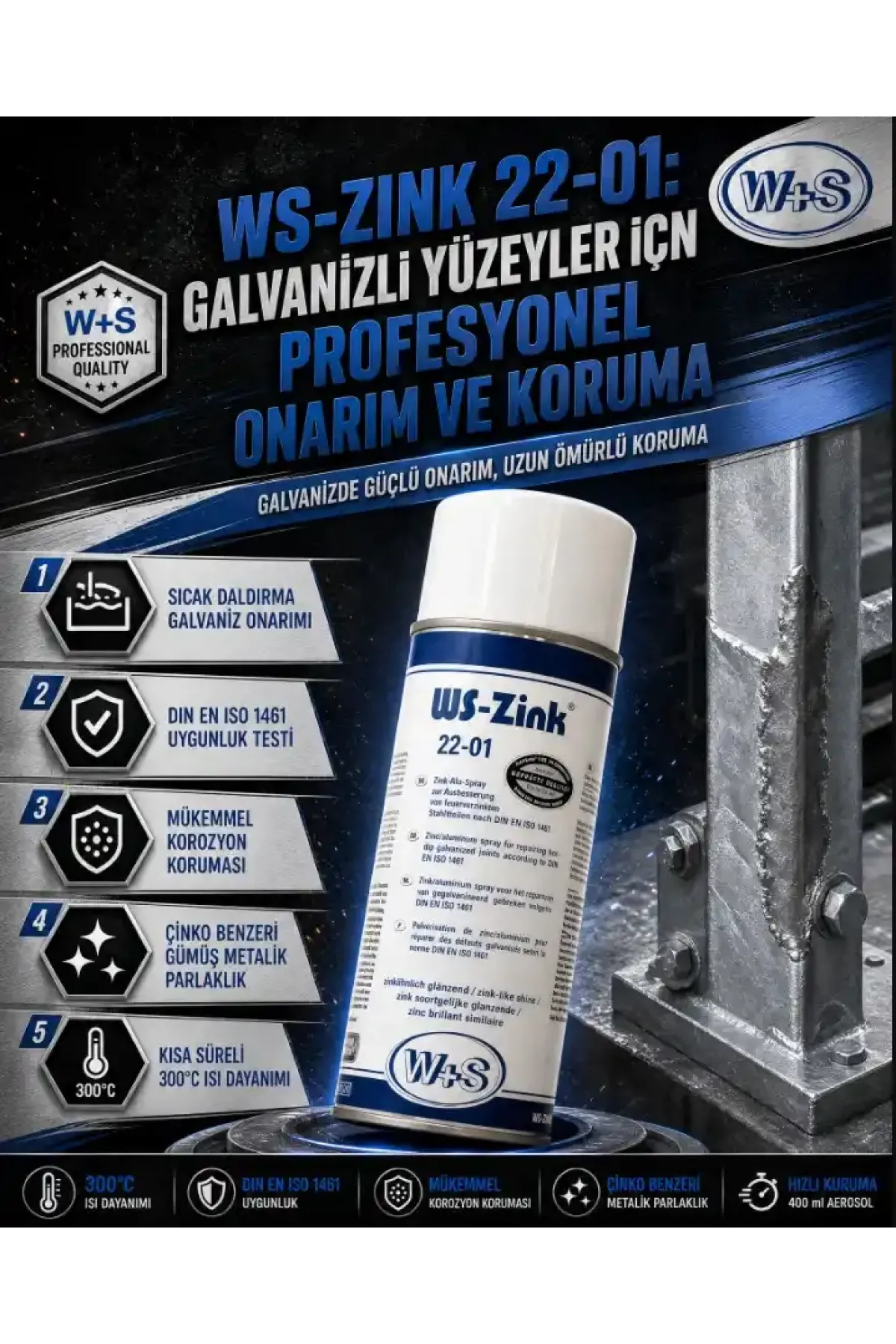 WS-Zink® 22-01 Çinko Kaplama Spreyi – Soğuk Galvaniz (400ml)