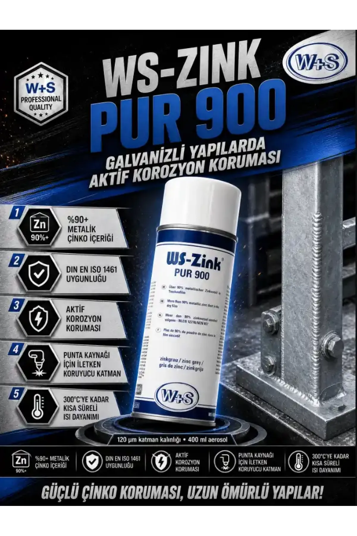WS-Zink® PUR 900 Çinko Spreyi – Poliüretan Esaslı Korozyon Koruma (400ml)