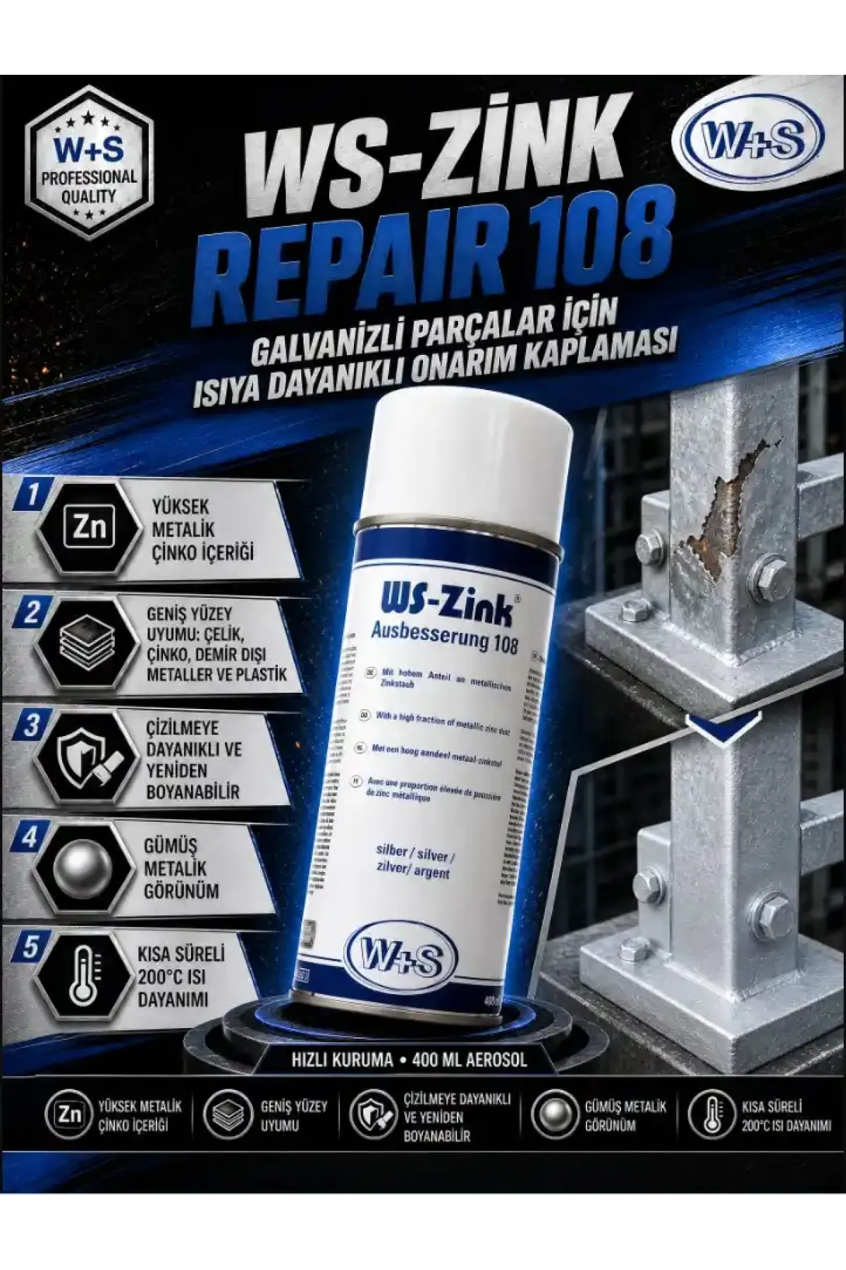 WS-Zink® 108 Galvaniz Tamir Spreyi – Sıcak Daldırma Görünüm (400ml)